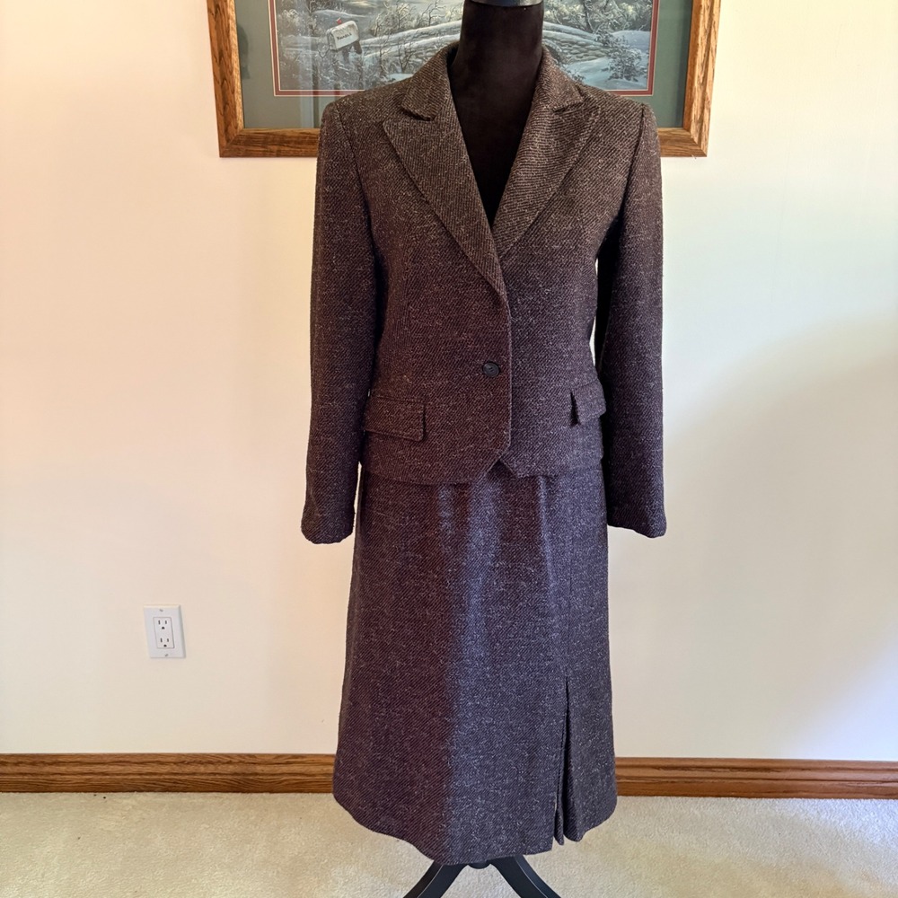 B.B.I. Skirt Suit Set Womens 9 Brown Wool Blend Tweed Blazer Midi Skirt Vintage‎